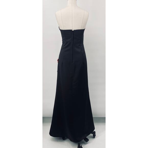 Vintage 90s Y2k Satin Gown Strapless Ribbon Lace Up Side Ruched Black Red 0 - Picture 6 of 10